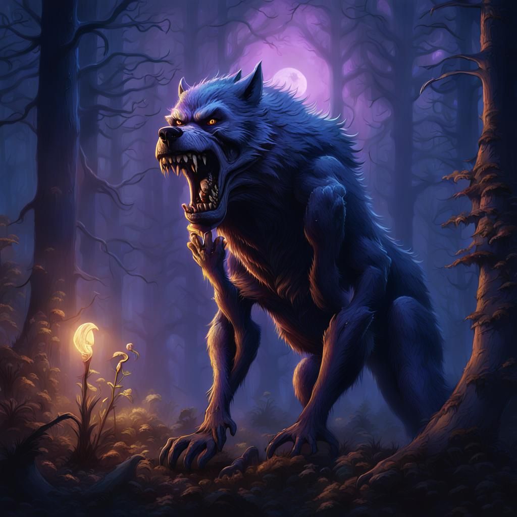 Werewolf Dental Hygiene in Misty Forest: Fantasy Art