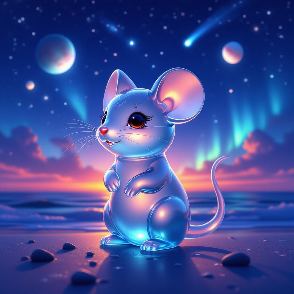 Sea Glass Chibi Mouse Under Starry Night Sky