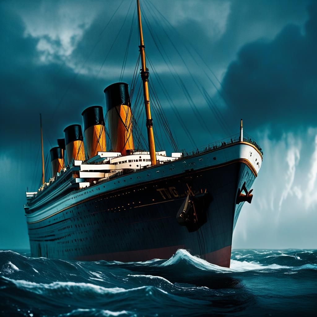 Titanic's Bow Under Stormy Sky: Cinematic Portrait