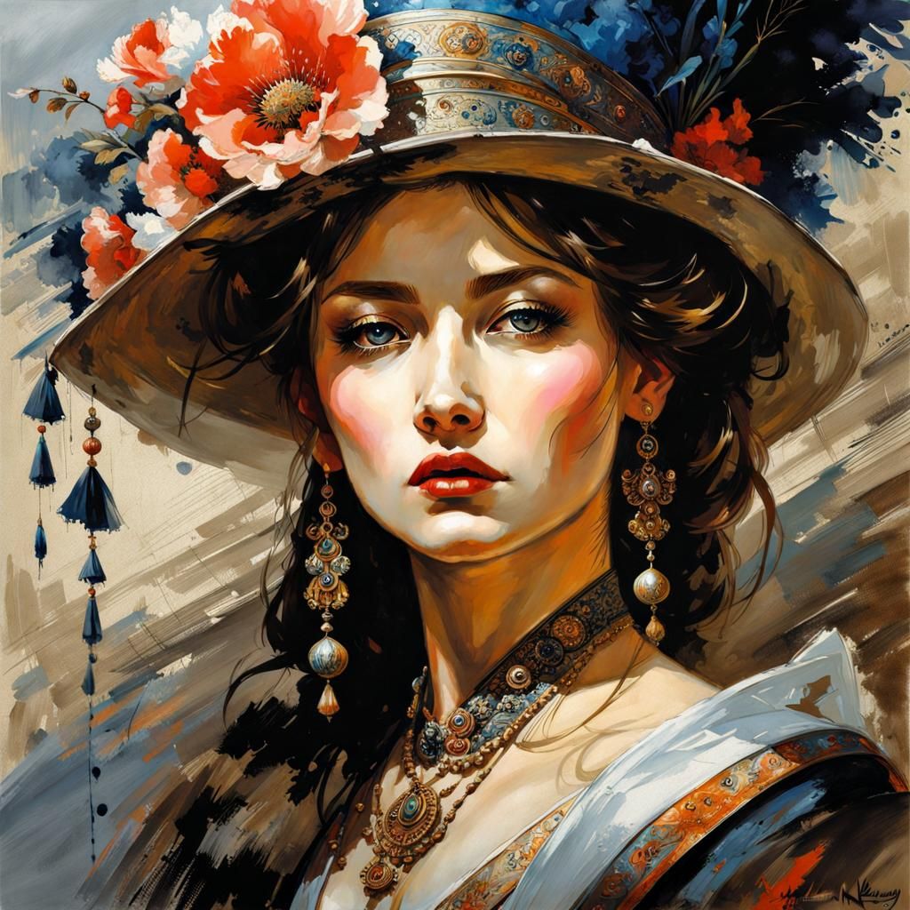 Beautiful Russian Woman, 19th Century Ink Painting