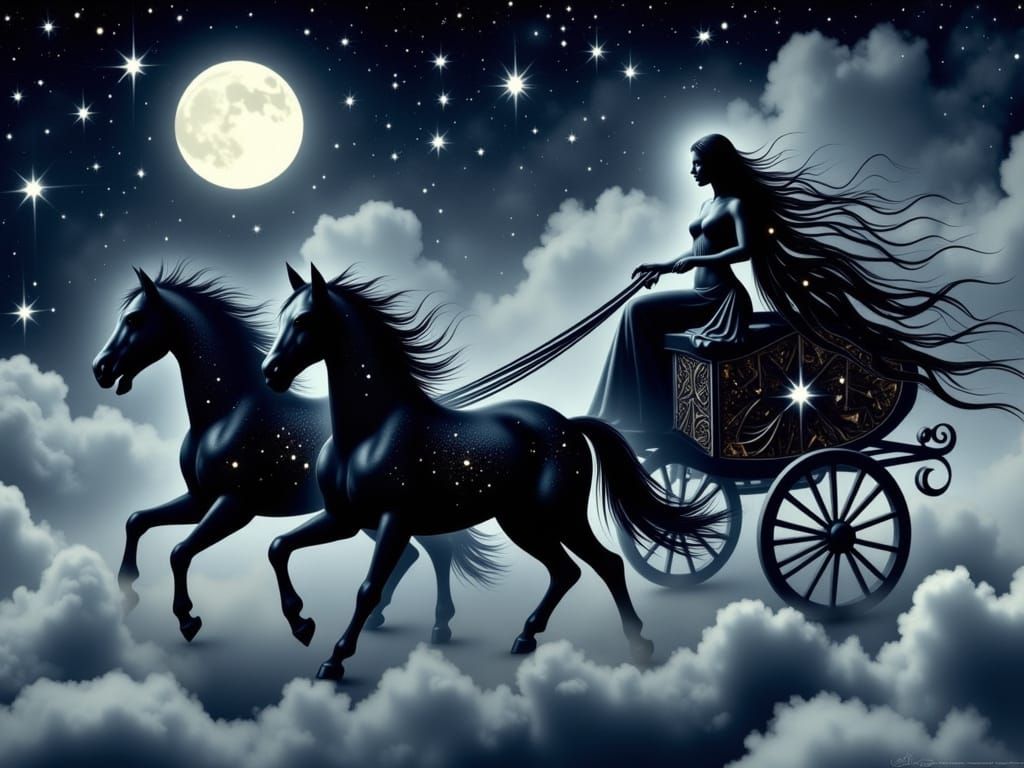 Nyx, Goddess of Night, Rides Celestial Chariot