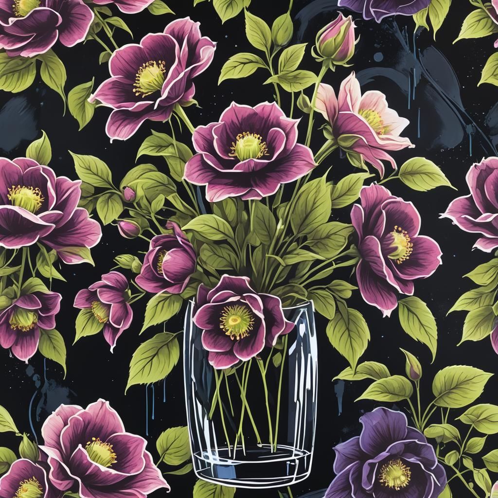 Lenten Roses Bouquet in Spray Paint Stencil Art