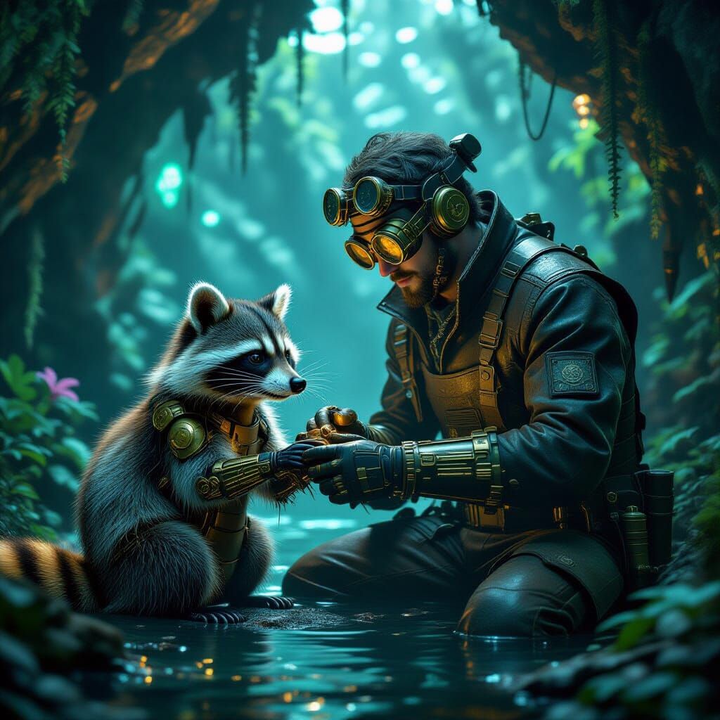 Steampunk Mechanic and Cybernetic Raccoon in Bioluminescent ...