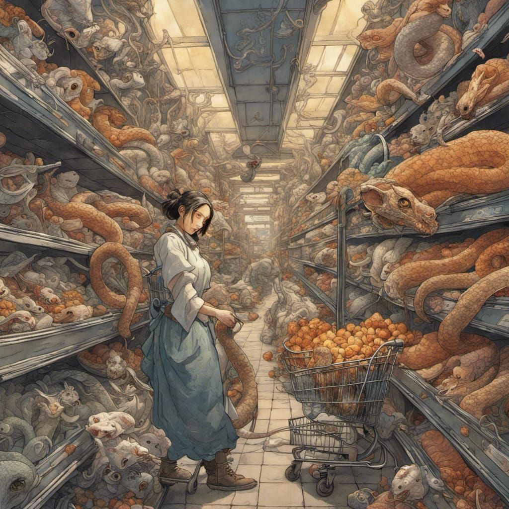 Snakes Shopping with Mice in Carts: Fantasy Art
