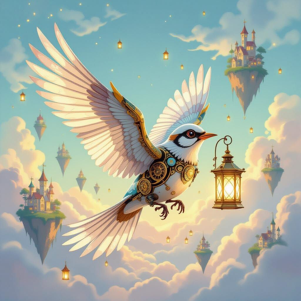 Clockwork Bird Soaring Through Floating Islands
