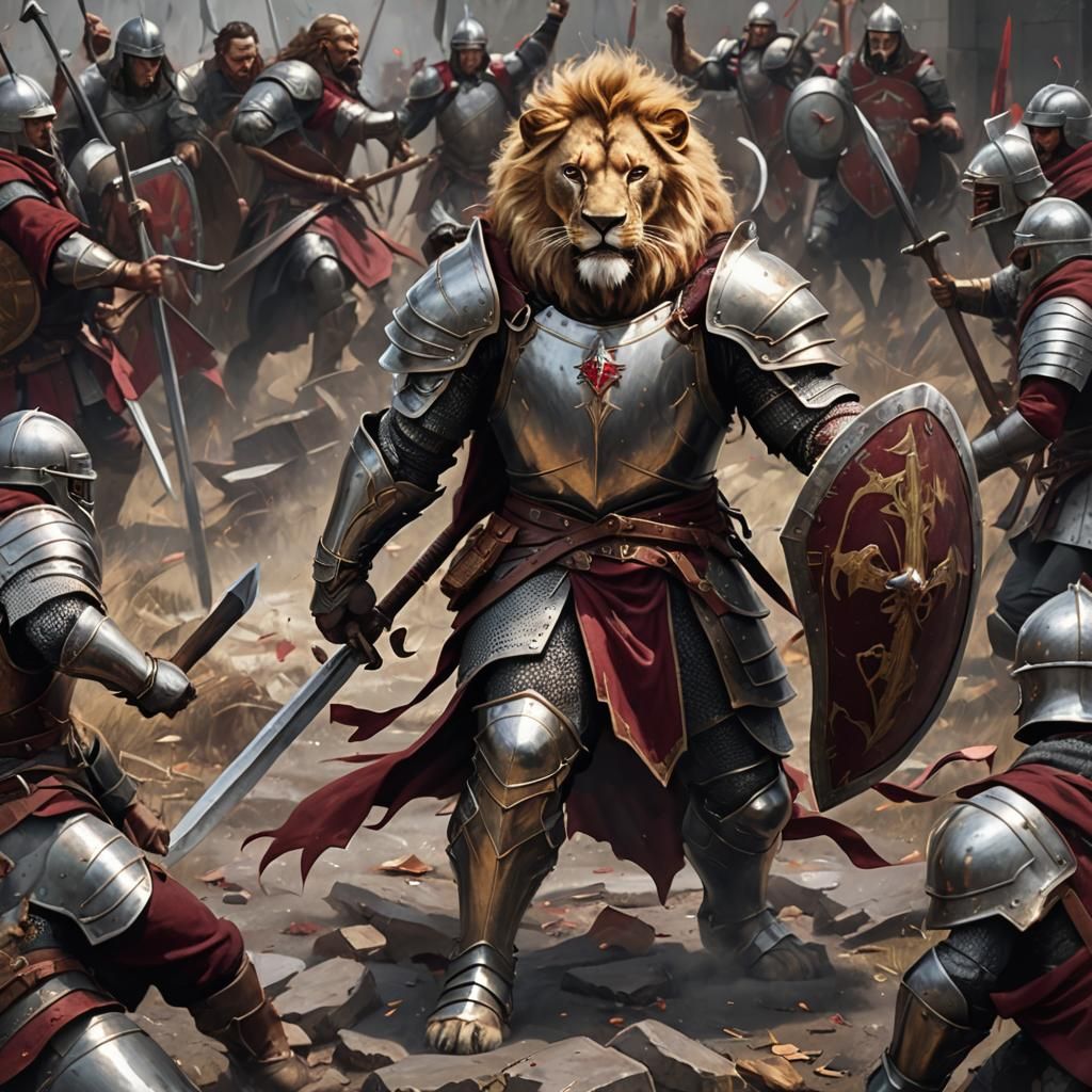 Lion Man Paladin in Battle, Hyperrealistic Art