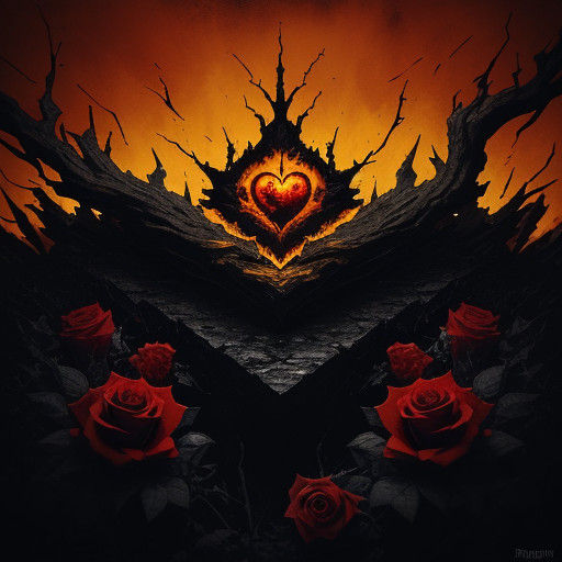 Surreal Dark Fantasy Heart of Roses in Flames