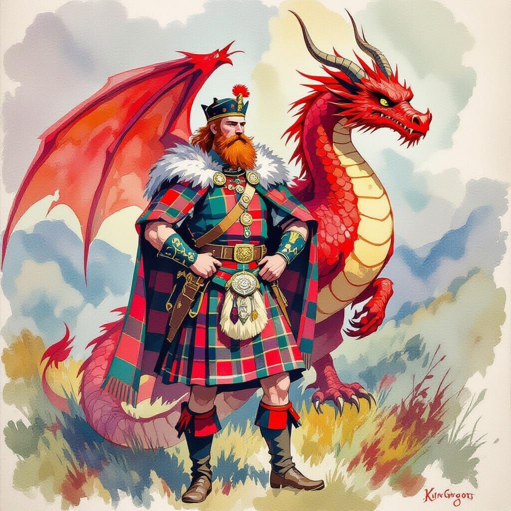 Scottish King with Dragon in Watercolor Style