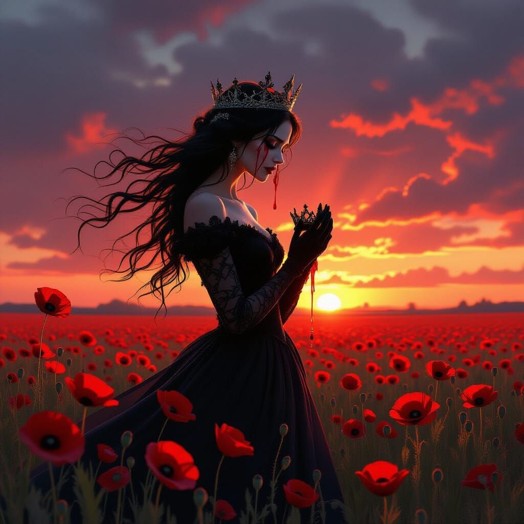 Sorrowful Queen in Poppy Field: Dark Fantasy Art