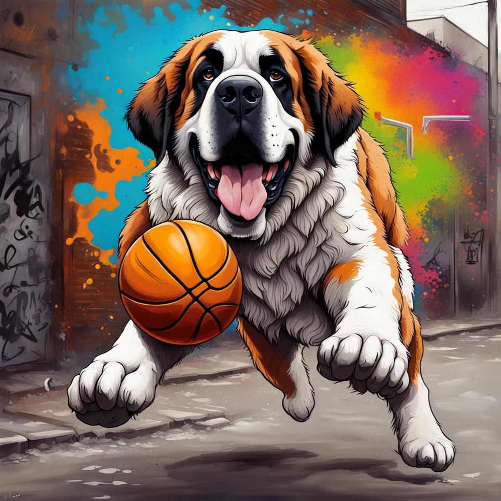 St. Bernard Plays Basketball in Graffiti Art Style