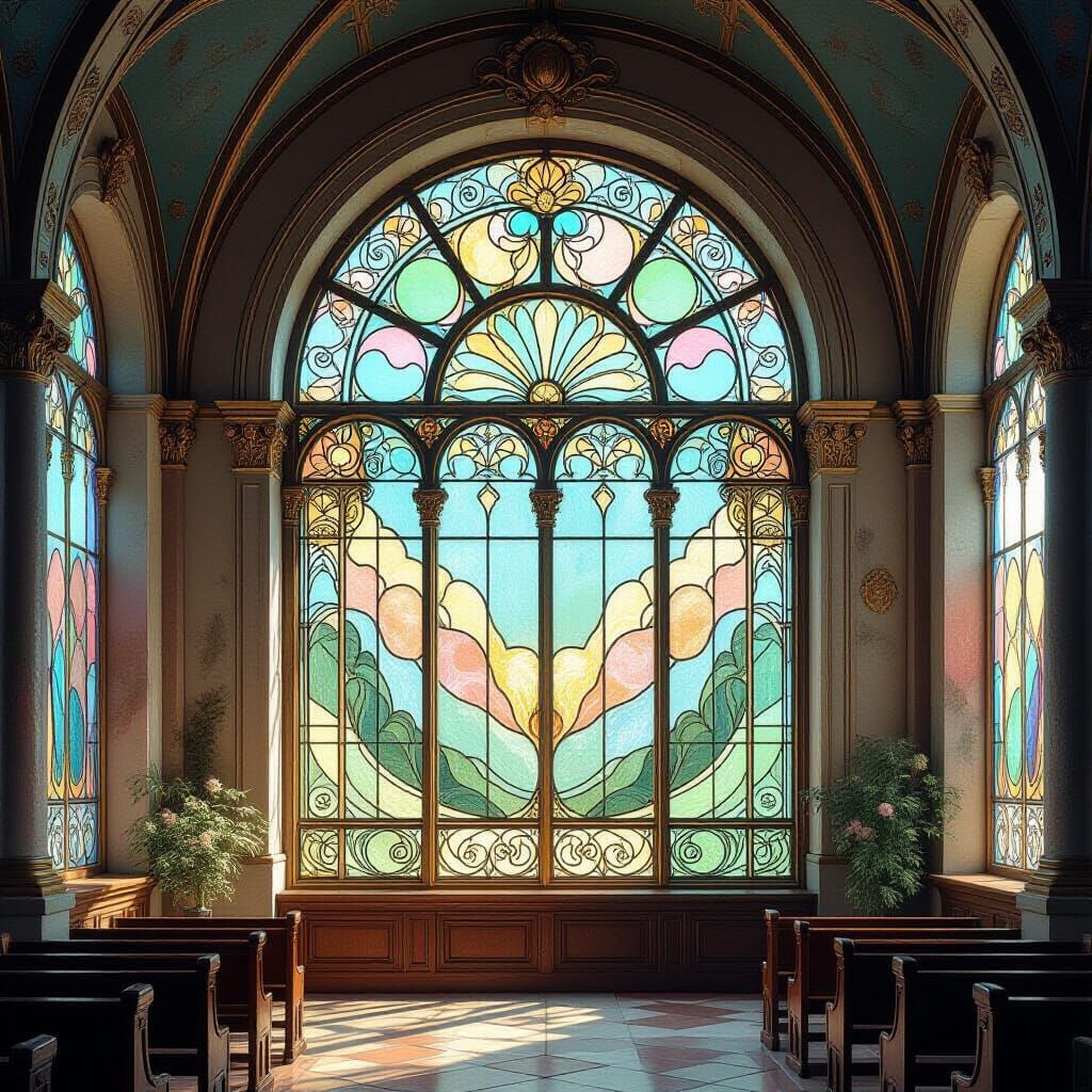 Steampunk Stained Glass Window in Art Nouveau Style