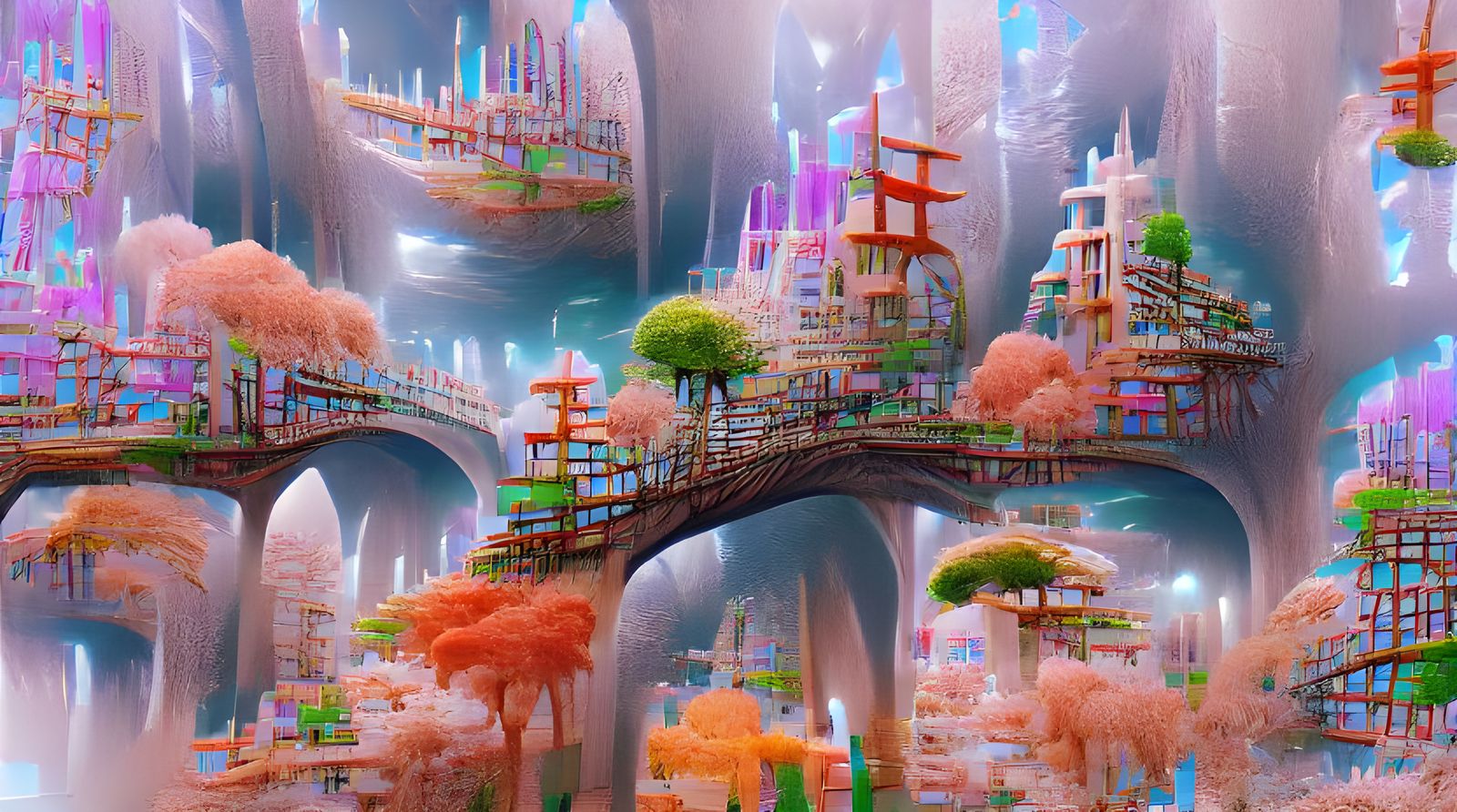 Fantasy City Connected by Tree Bridges