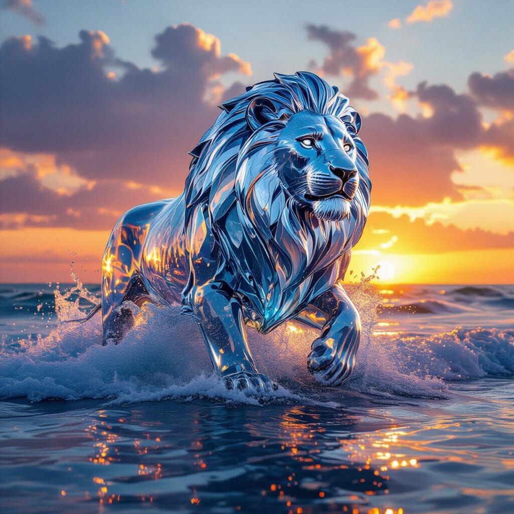 Majestic Water Lion Sculpture at Sunset