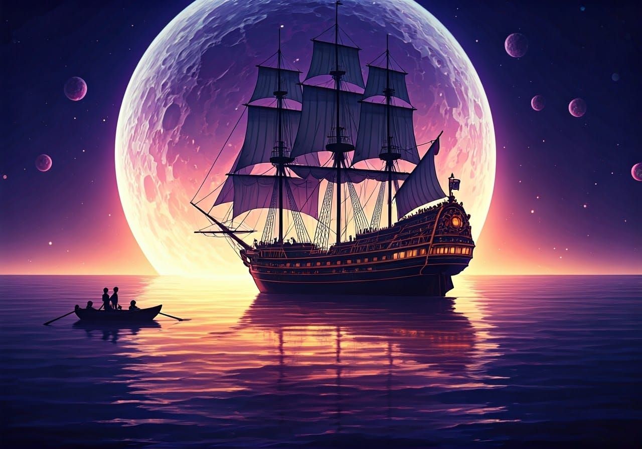 Majestic Ship Sails Under Iridescent Moon