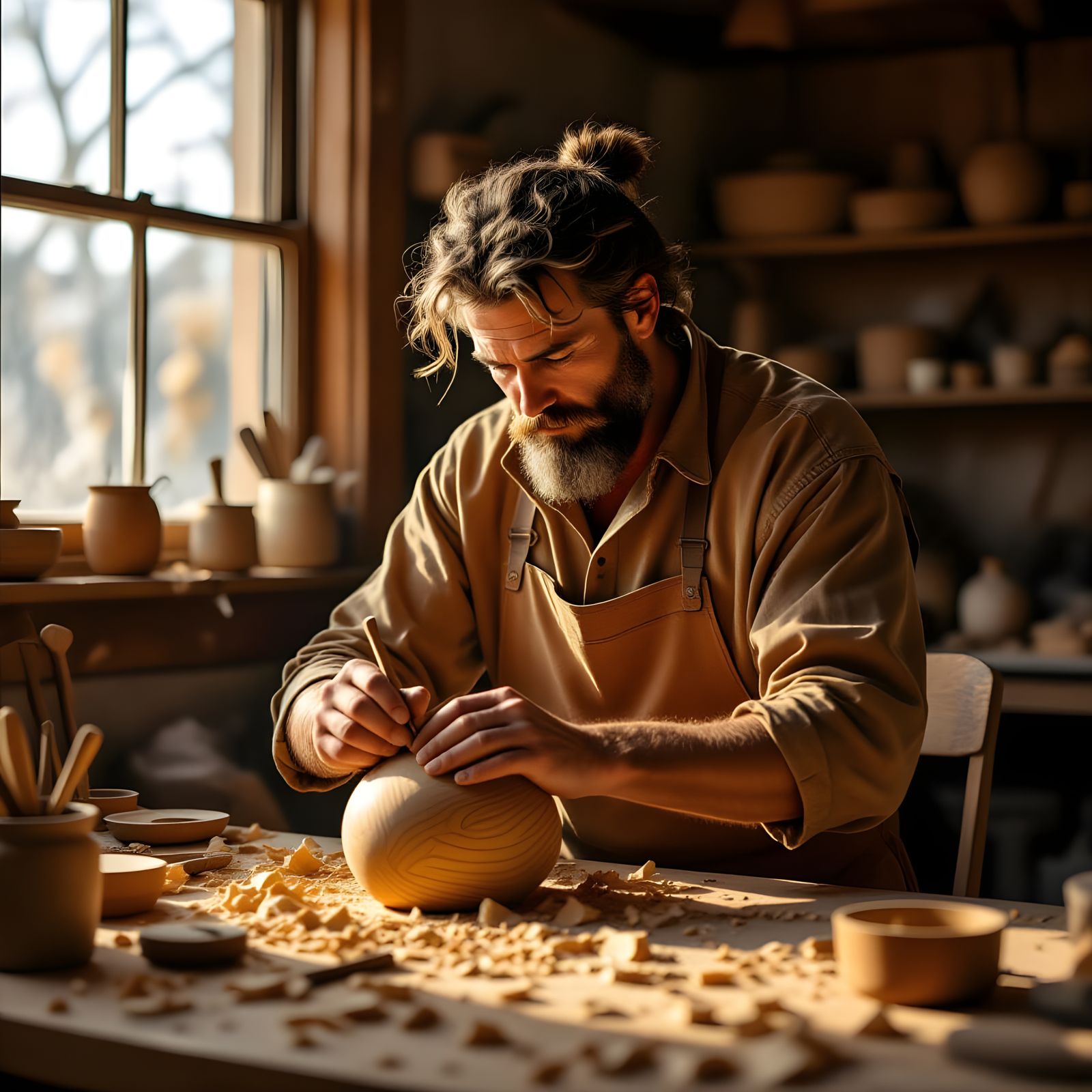 Sculptor Working with Noble Wood in Matte Painting