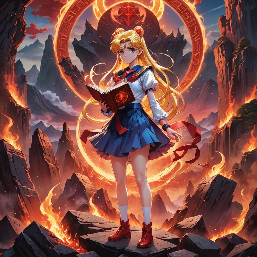 Sailor Moon and the Magical Book in Manga Style