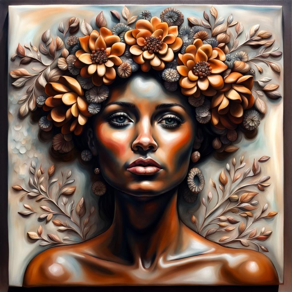 Hyperrealistic Encaustic Painting of Woman with Flower Crown