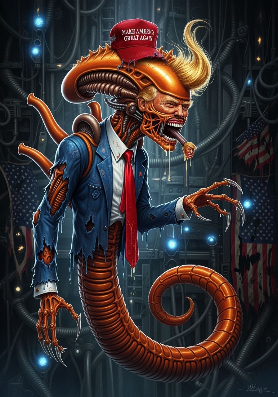 Grotesque Orange Xenomorph Caricature in Giger Style