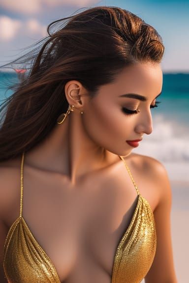 A photorealistic young brunette, wearing a gold bikini ready for a beach swim