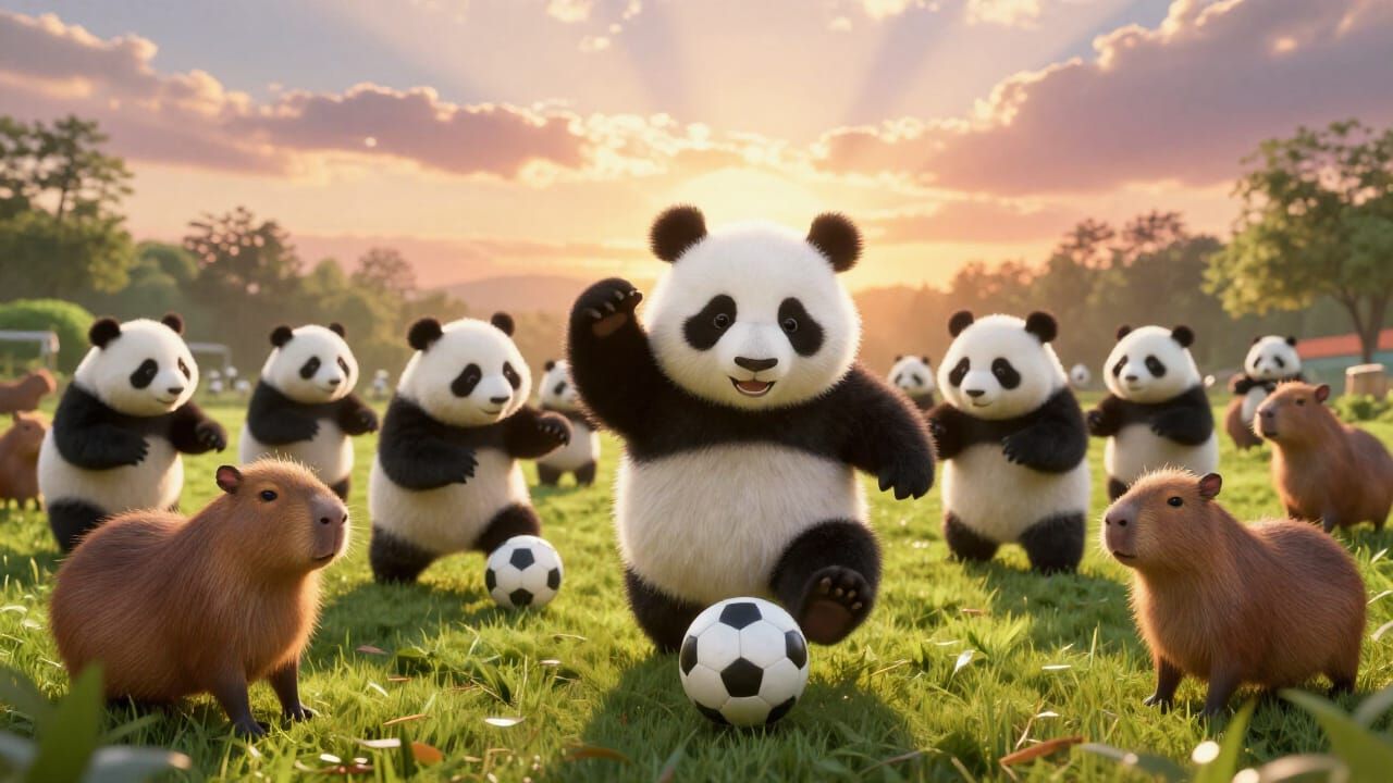 Pandas and Capybaras Play Soccer at Sunset