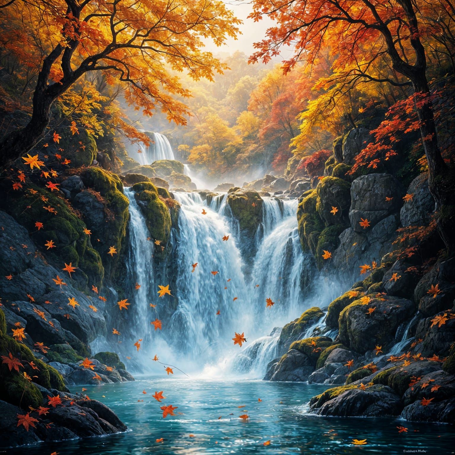 Artist Draws Magical Autumn Waterfall in Fantasy Style