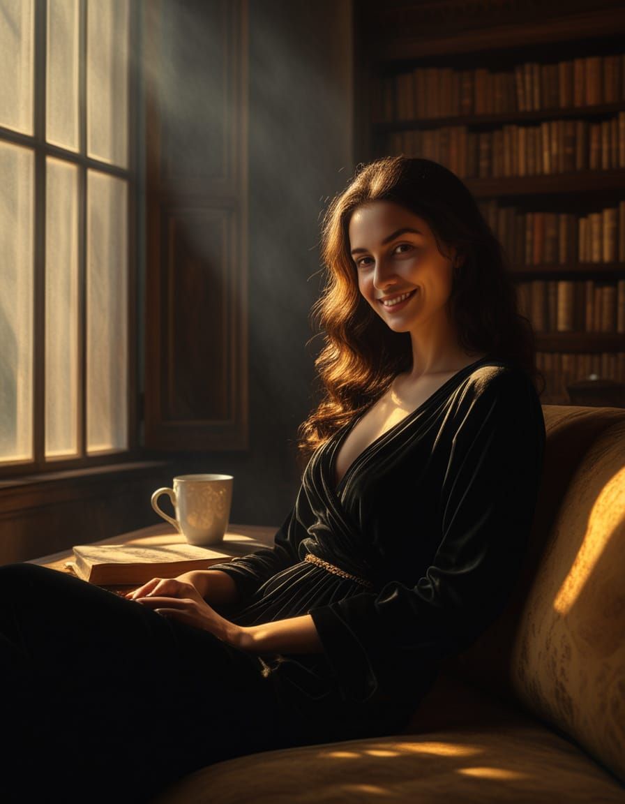 Woman Lounging in Chiaroscuro Oil Painting Style