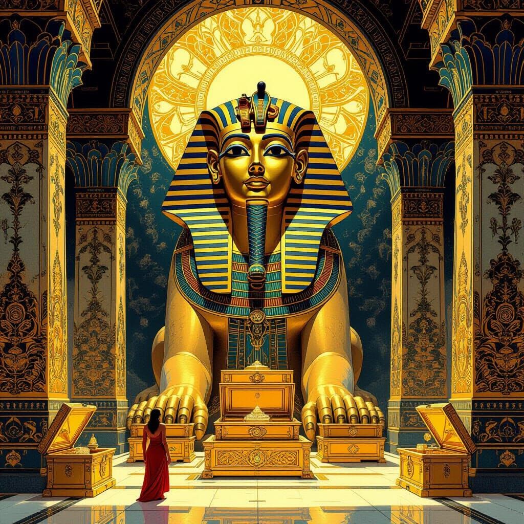 Golden Temple Guarded by Colossal Sphinx, Ornate Gem Adorned...