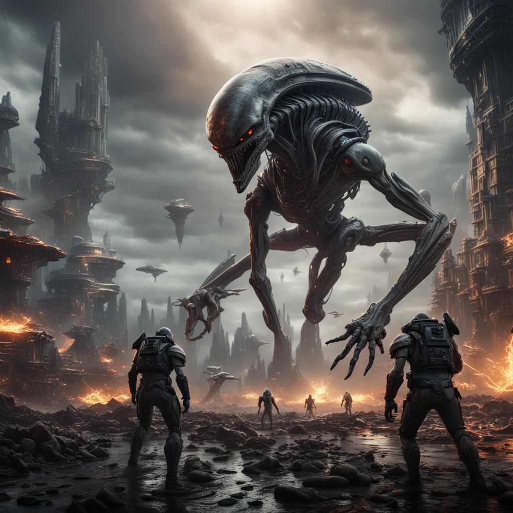 Aliens and Cyborgs Clash in Apocalyptic Matte Painting