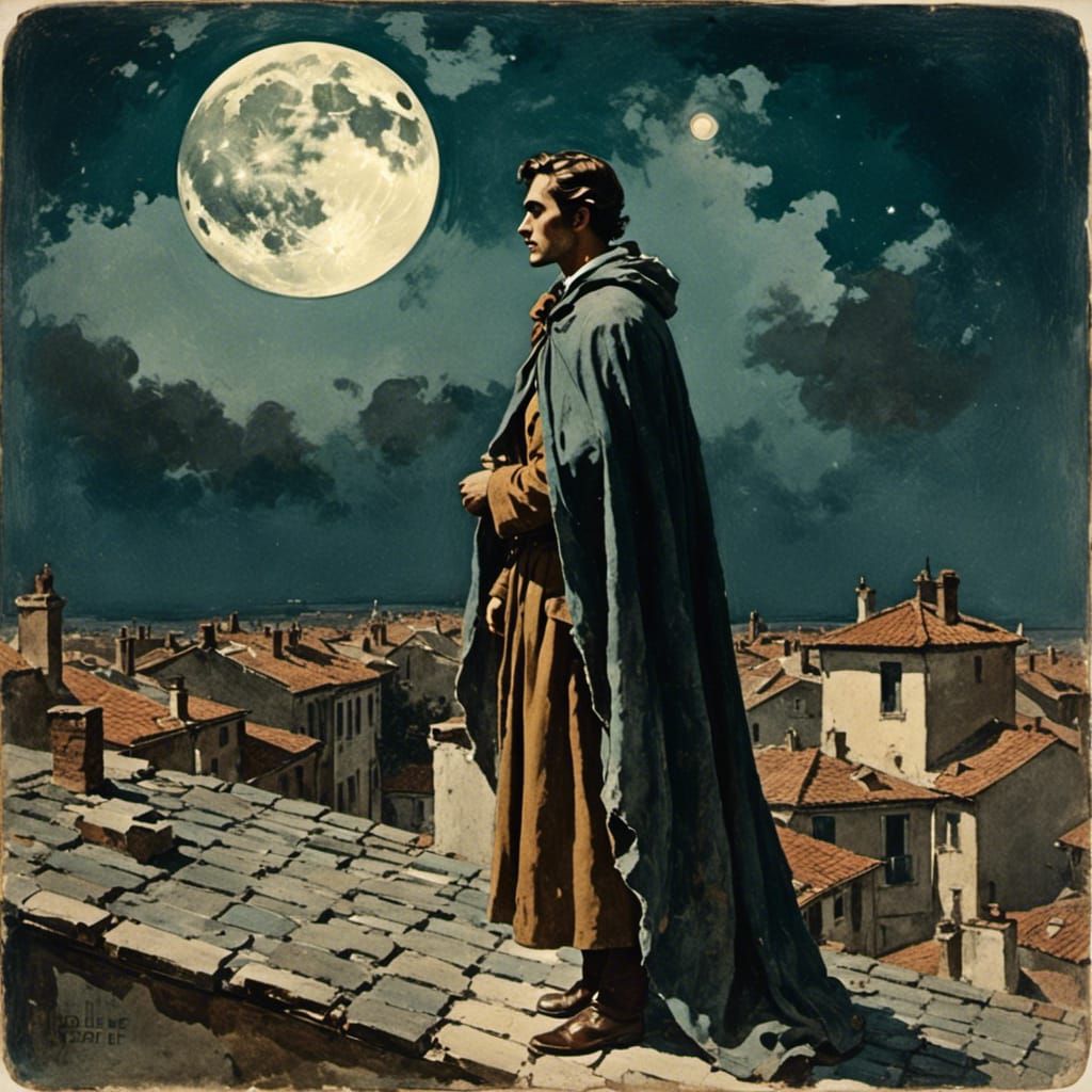 Caped Figure on Rooftop in Old Photo Style