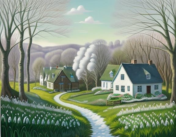 Enchanting Countryside Scene in Folk Art Style