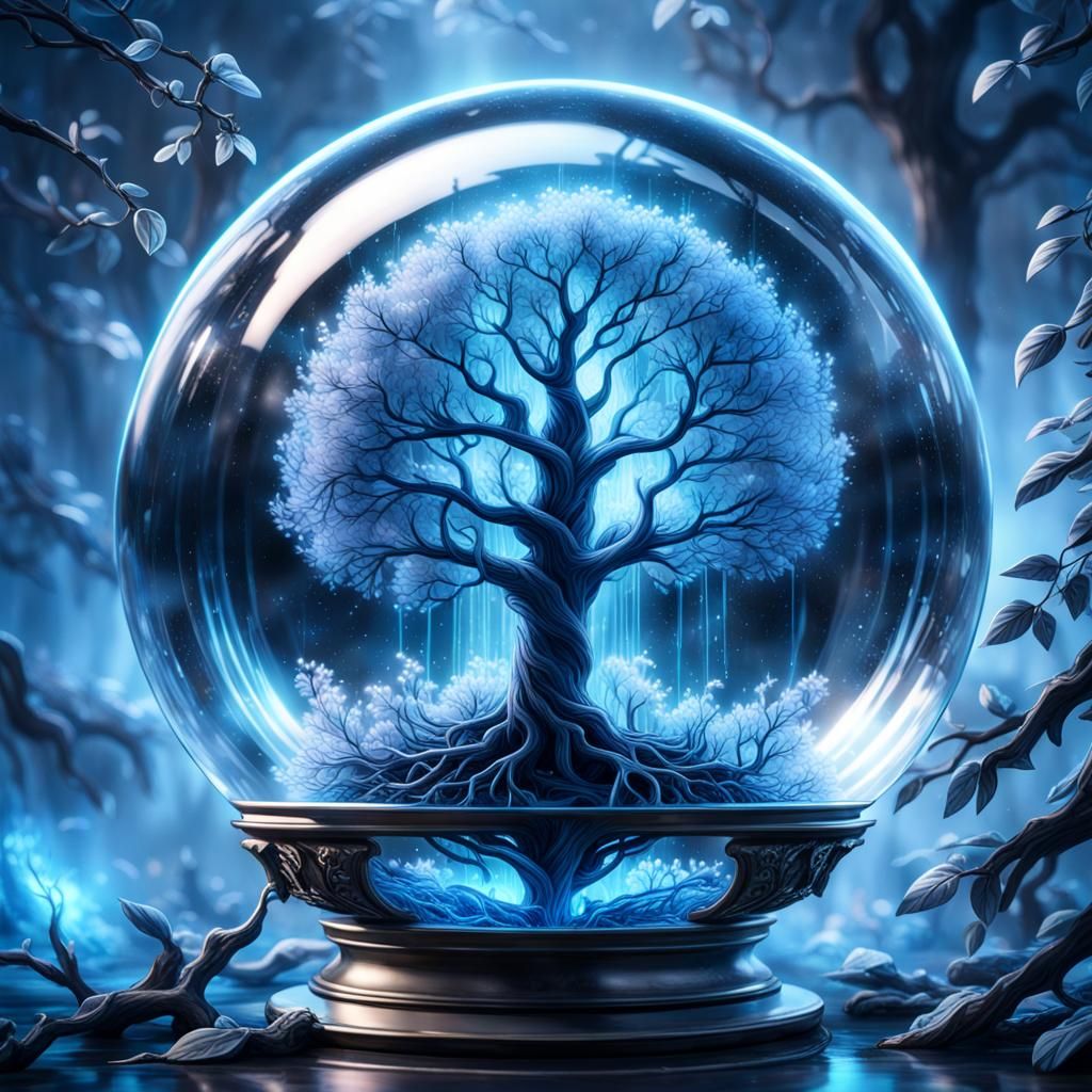 Glowing Tree of Life in Glass Sphere, Hyper-Realistic