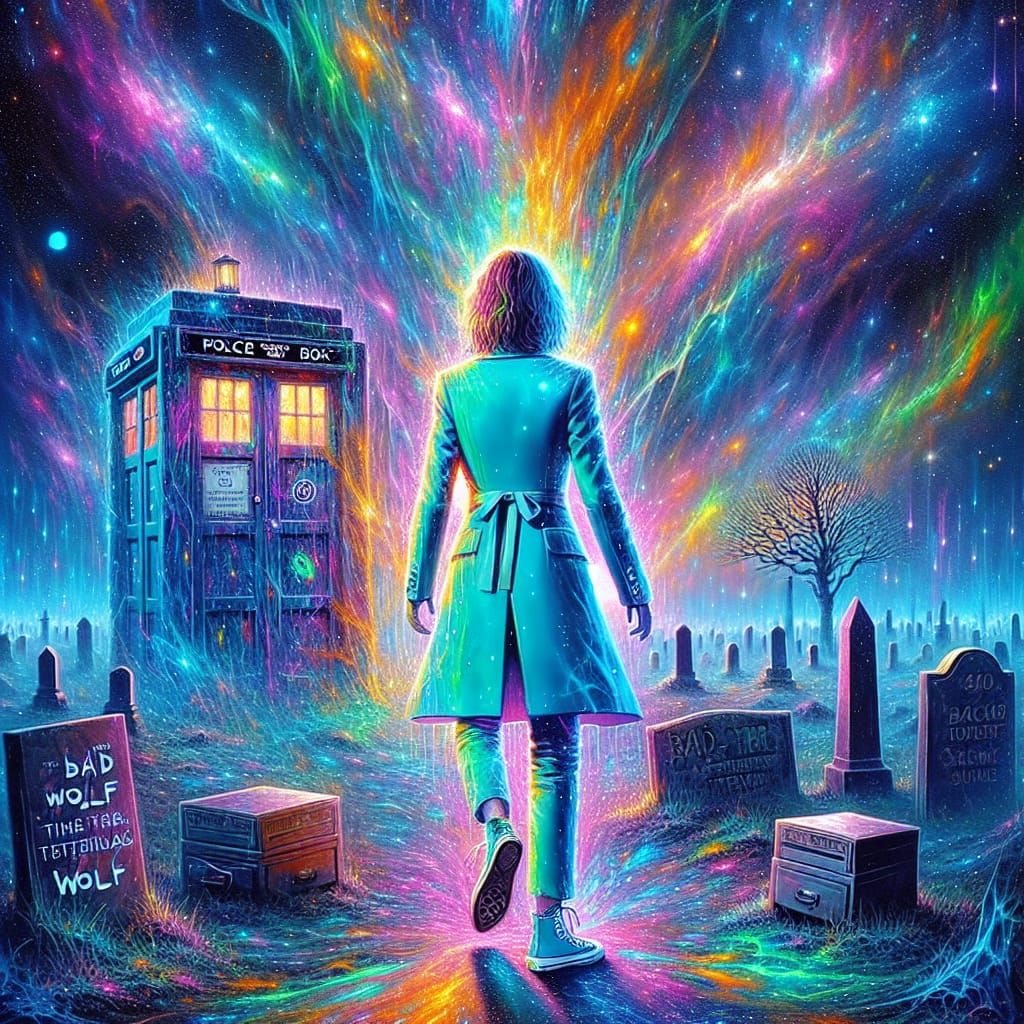 Female Time Traveler in Void Cemetery as Expressionist Paint...