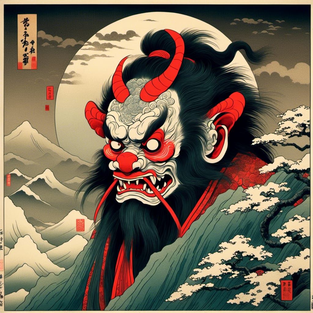 Tengu Yokai on Misty Peak: Ukiyo-e Woodblock Print