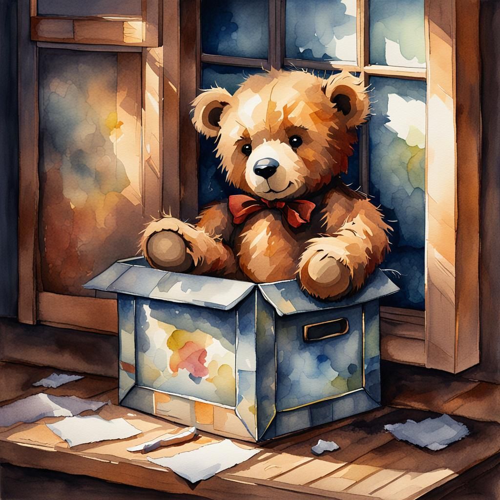 Watercolor illustration of a cute teddy bear nestled in a bo...