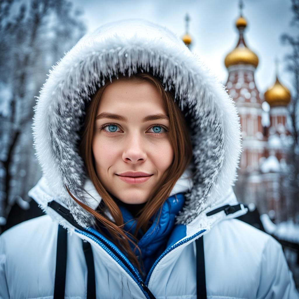 Woman in White Winter Jacket in Snowy Moscow