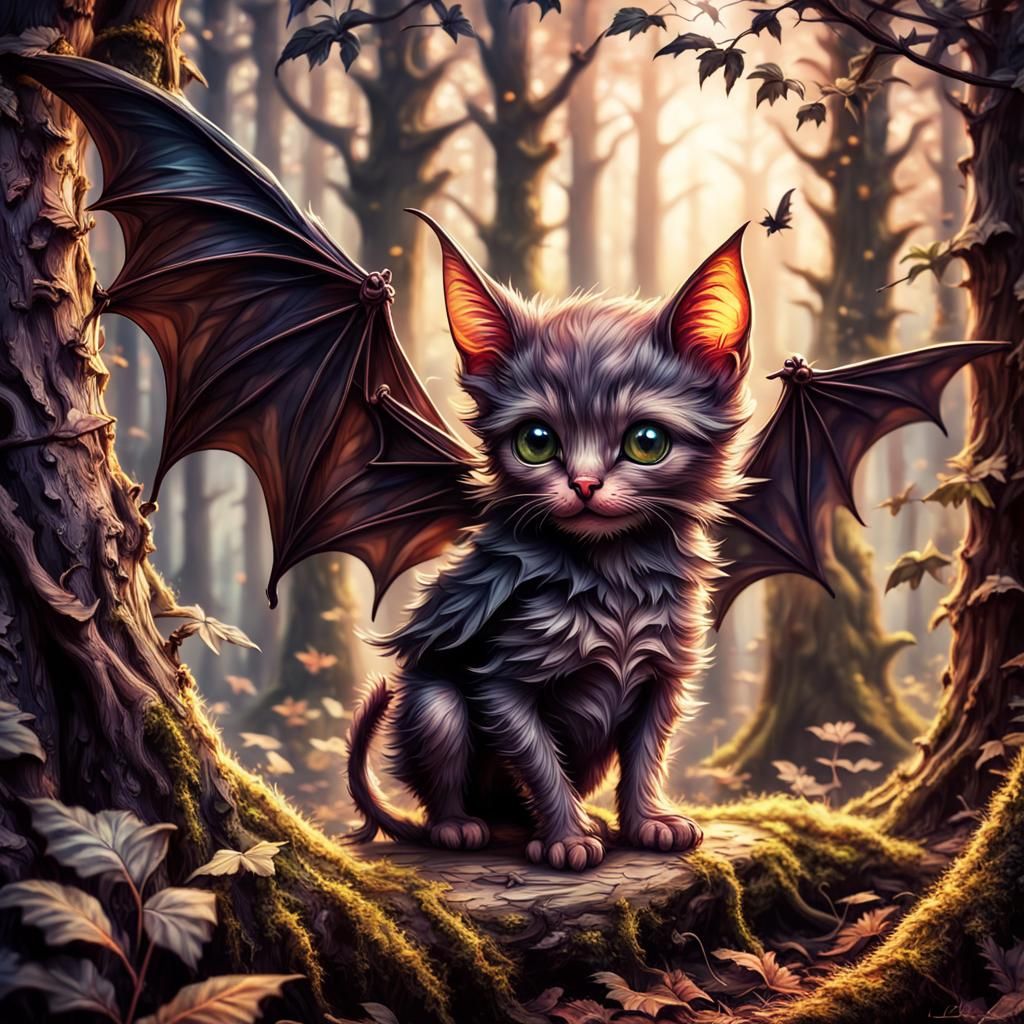 Fairy Bat-Winged Kitten in a Dark Forest
