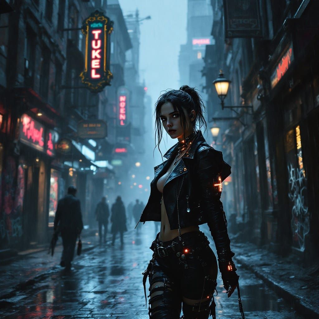 Cyberpunk Punk Rocker in Victorian Cityscape
