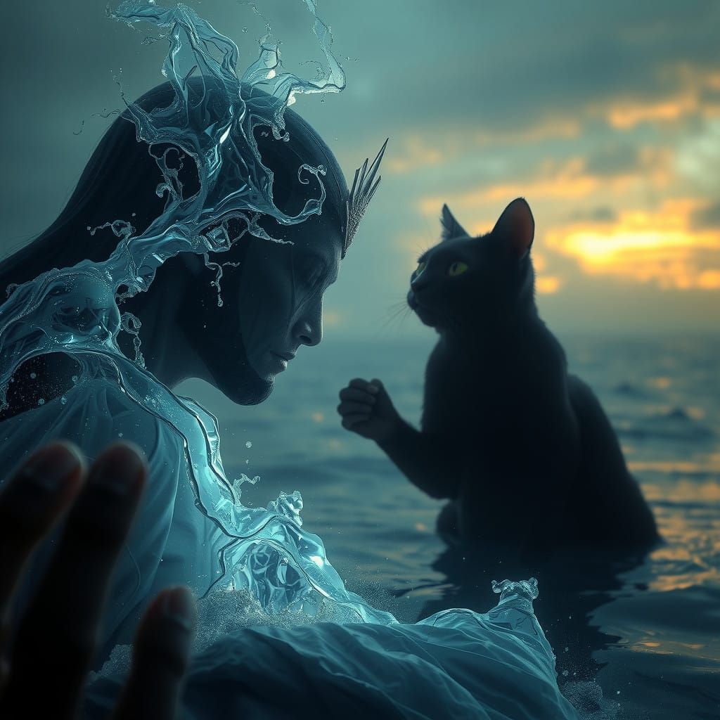 Glowing Kitten Hero Emerging from Mysterious Oceanic Reflect...