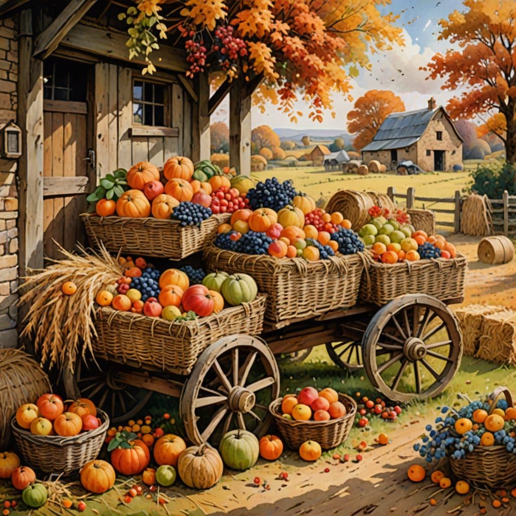 Autumn Harvest Still Life With Baskets and Fruits