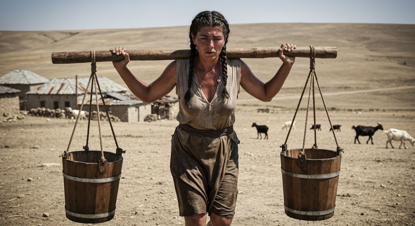 Woman Carries Water in Arid Landscape