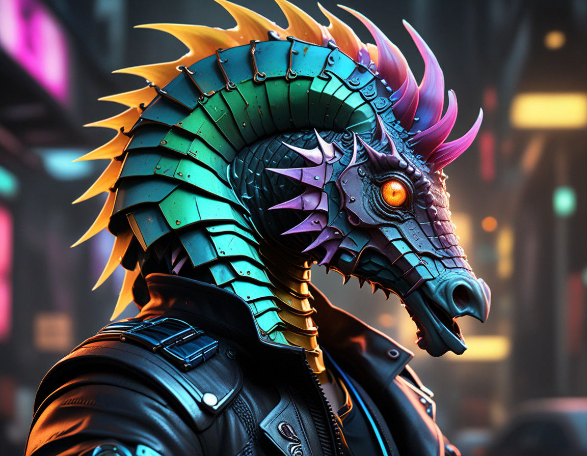 Cyberpunk Seahorse Portrait in Neon-Lit Art Nouveau Style