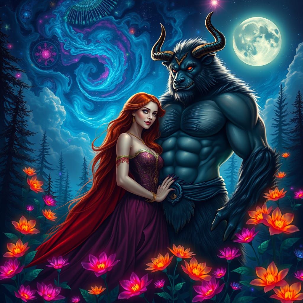 Fantasy Couple in Enchanted Forest Under Nebula Sky