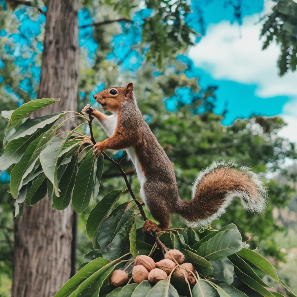 Squirrel Reaching for Nut on Tree Branch
