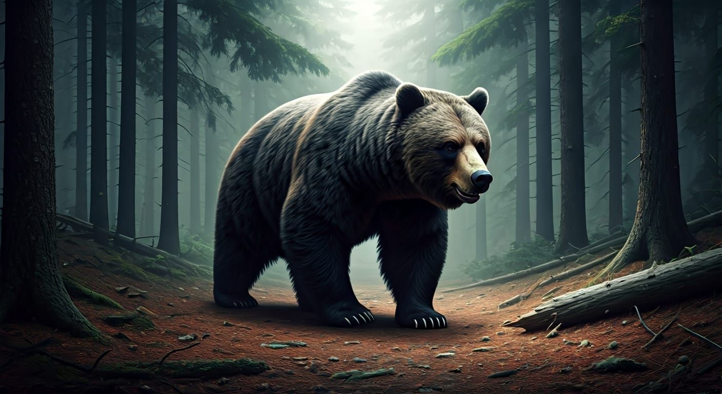 Menacing Bear Prowls Through a Dark Pine Forest
