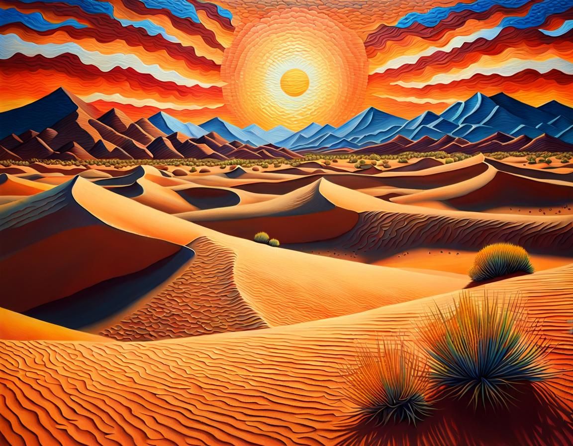 Desert Dunes Sunset: Oil Painting with Paper Art Texture