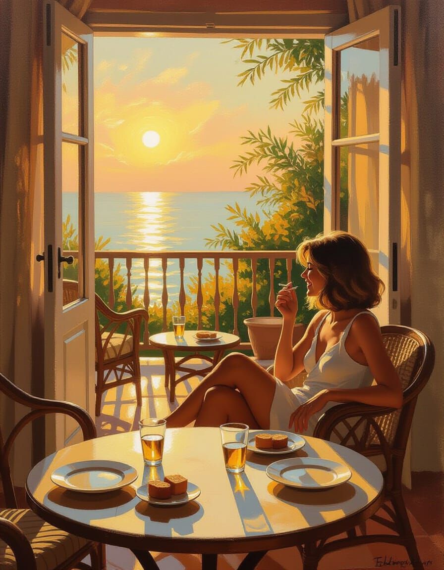 Impressionist Oil Painting of Woman Laughing on Sunny Terrac...