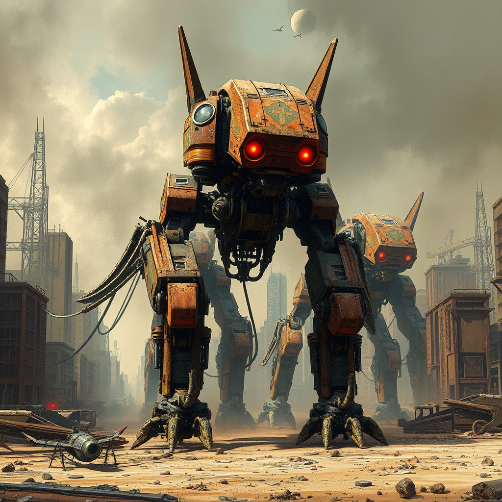 Colossal Robots in Dystopian Future Landscape
