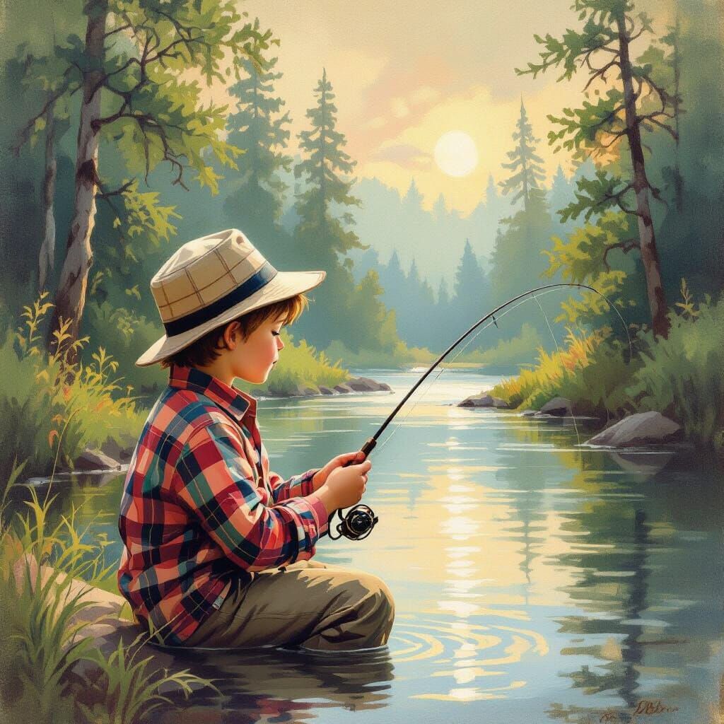 Boy Fishing in River, Bob Ross Style