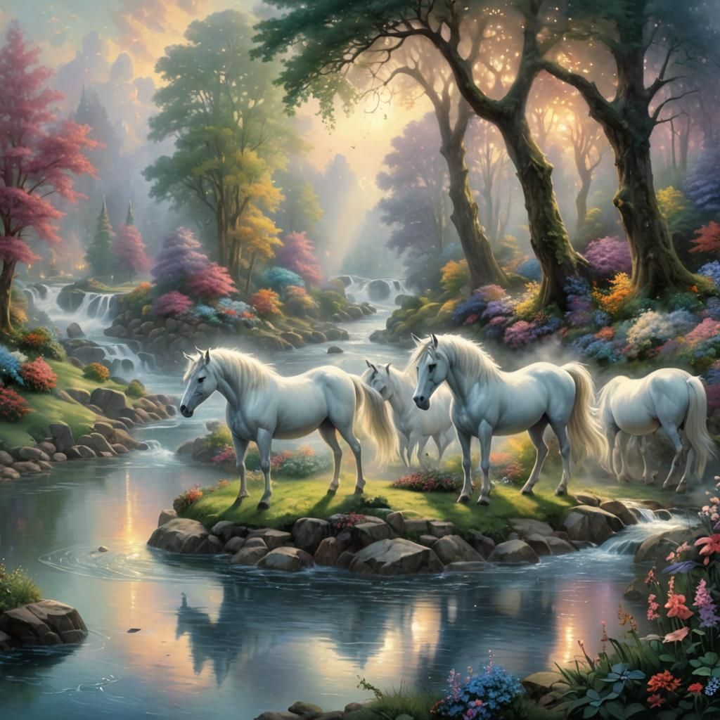 Ethereal Unicorns on River in Kinkade Style