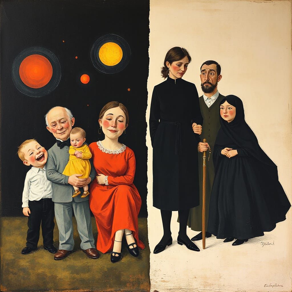 Split image, dream. A happy, laughing family on one side. On the other, a sad family in mourning black. surreal, Joan Mi...